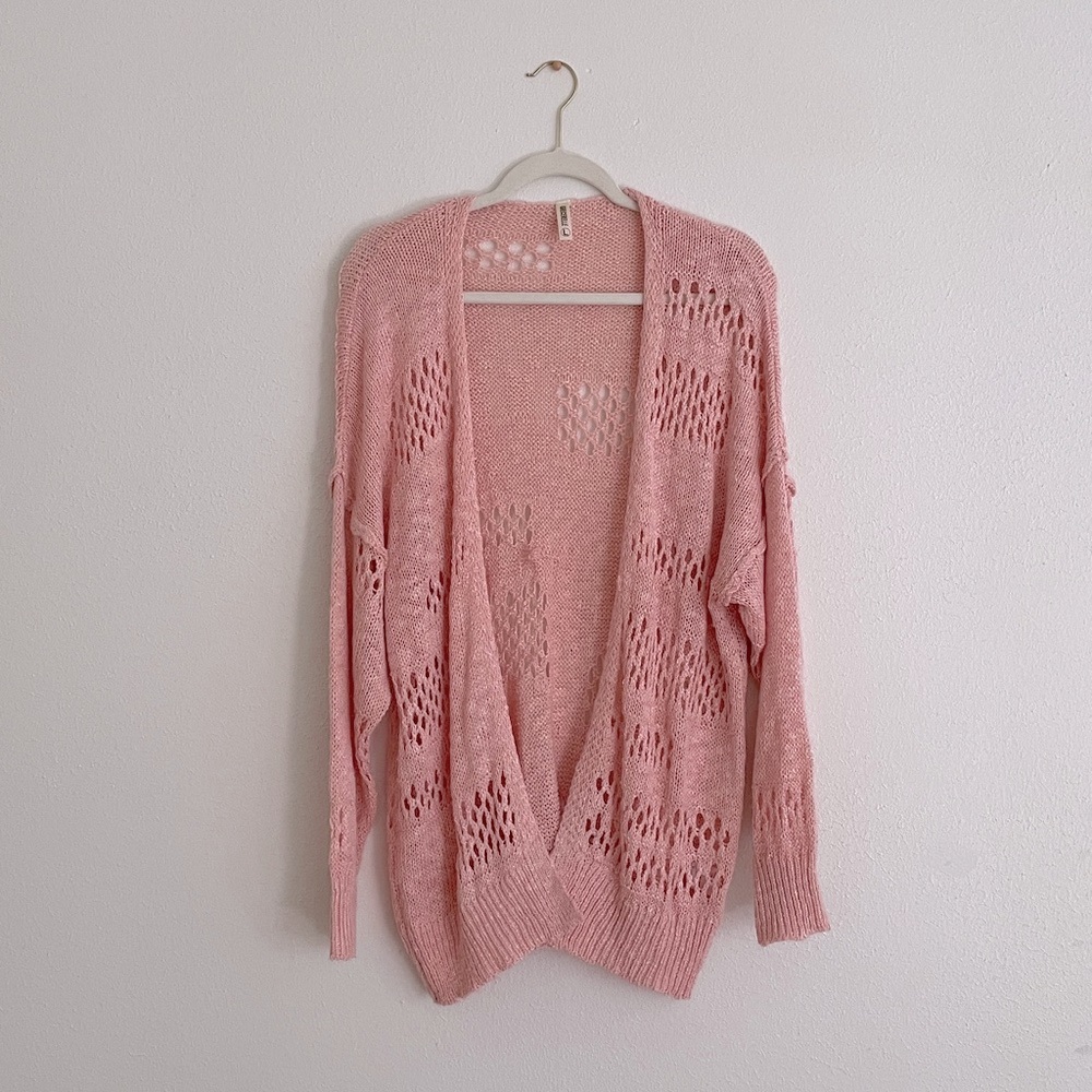 Pink Open Front Cardigan Grecerelle Longline Layering Sweater Office Chic